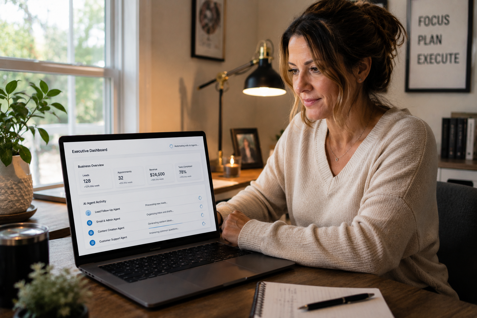 Small business owner reviewing an AI workflow dashboard on a laptop