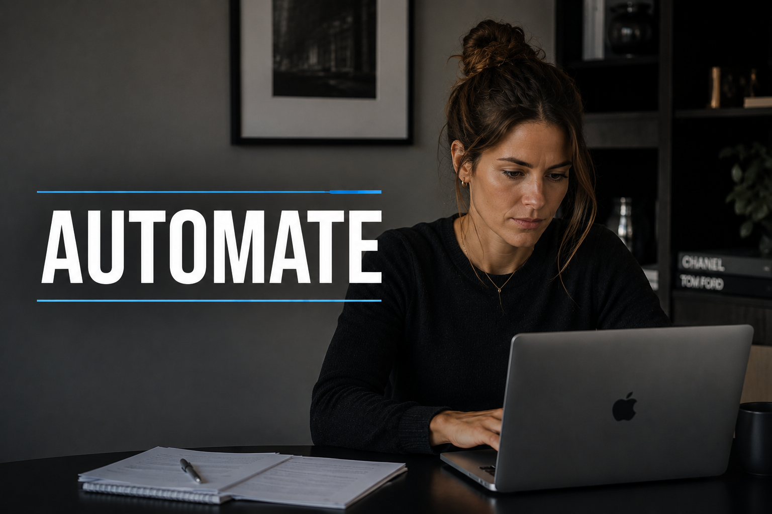 Woman working on a laptop with bold AUTOMATE headline overlay