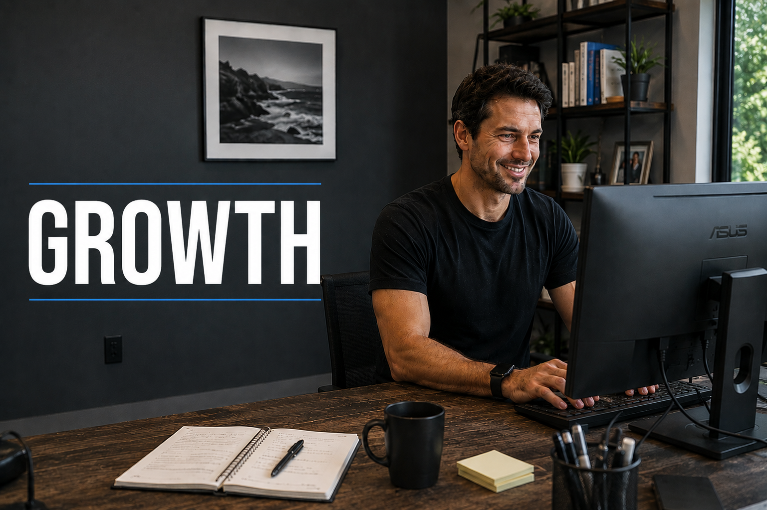 Small business owner working at a desk with bold GROWTH headline overlay